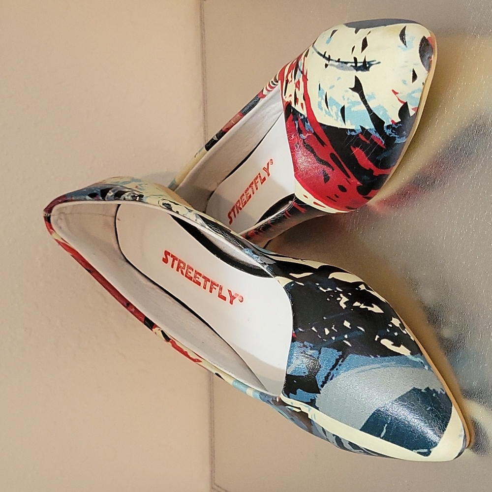 Like New STREETFLY Blue, White, & Red Splatter Paint Pointed Toe Ballet Flats
